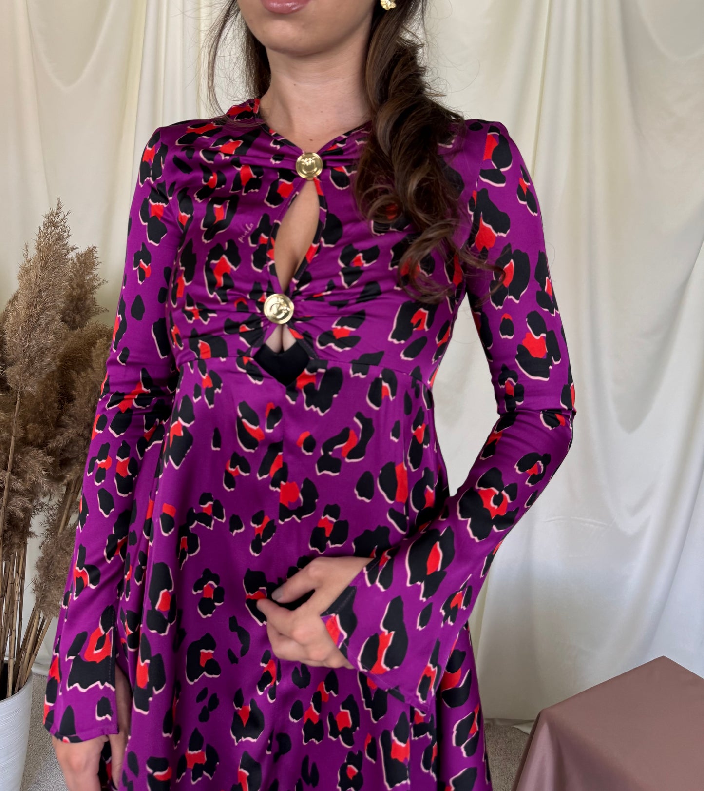 Rochie Pinko cu print și talie marcată, nasturi aurii inscripționați ( mărimea XS)
