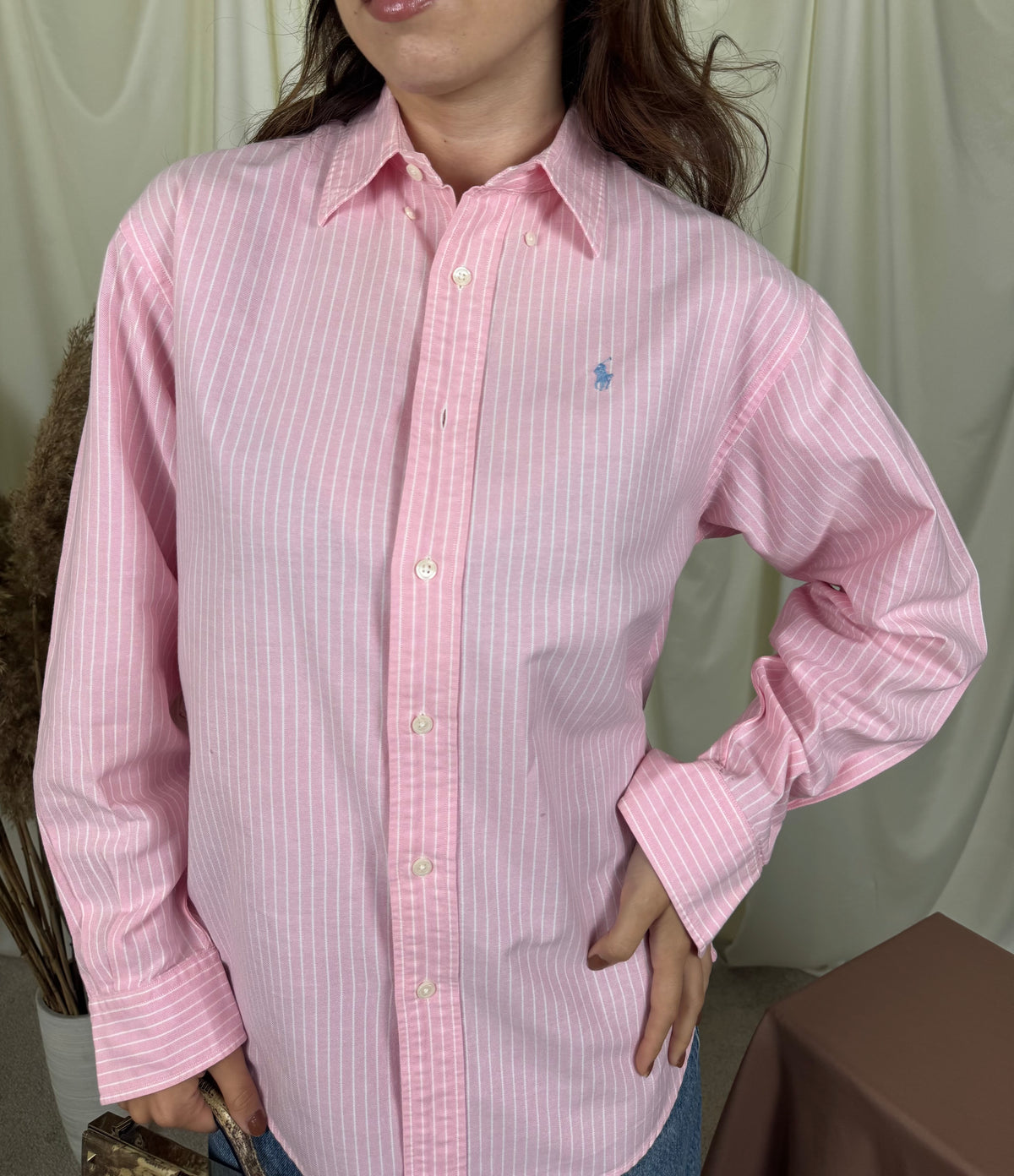 Cămașă RALPH LAUREN din 100% bumbac plin, print in dungi baby pink ( mărimea M/L)