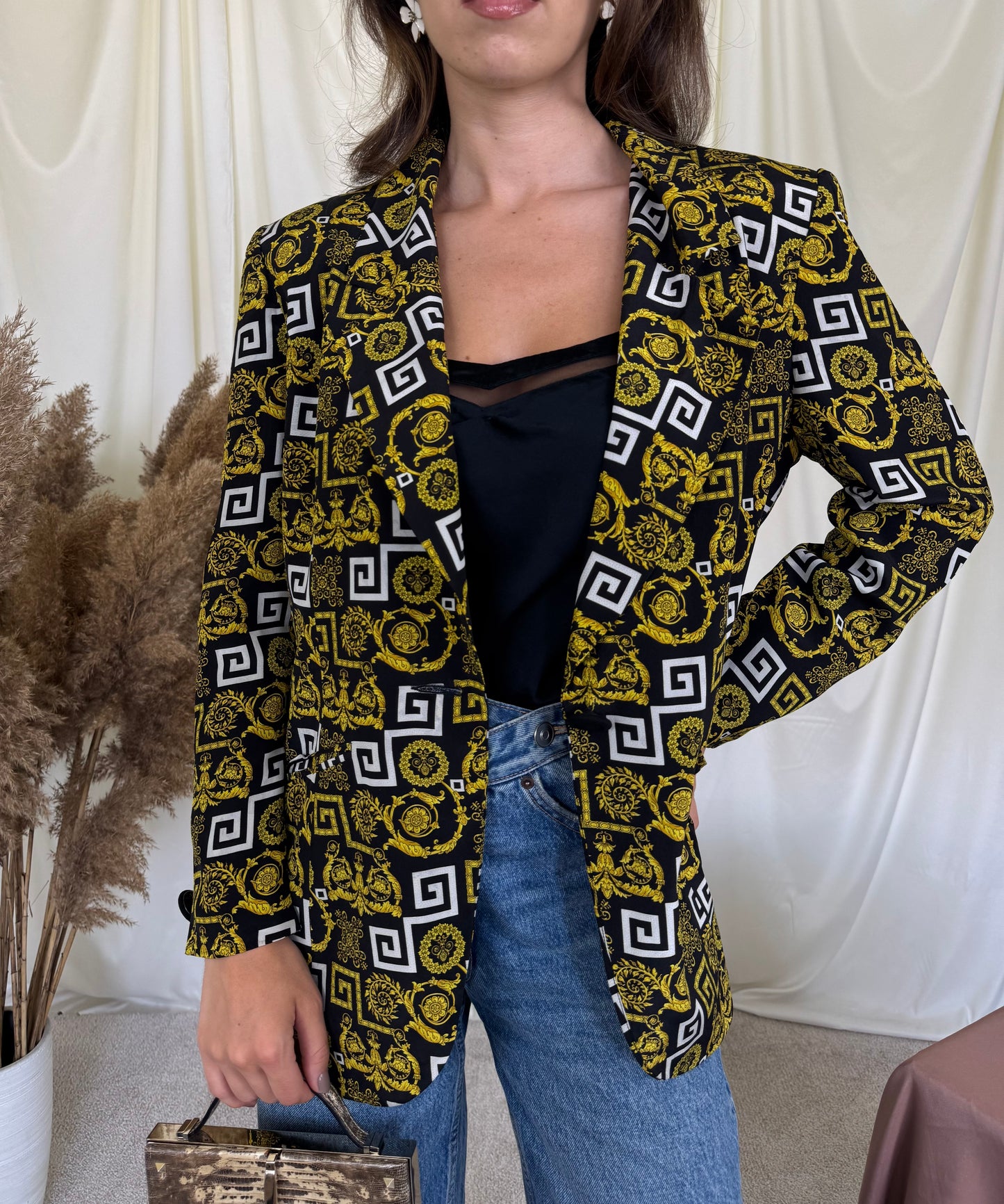 Sacou vintage din mătase naturală cu print 
(Mărimea 40/M)