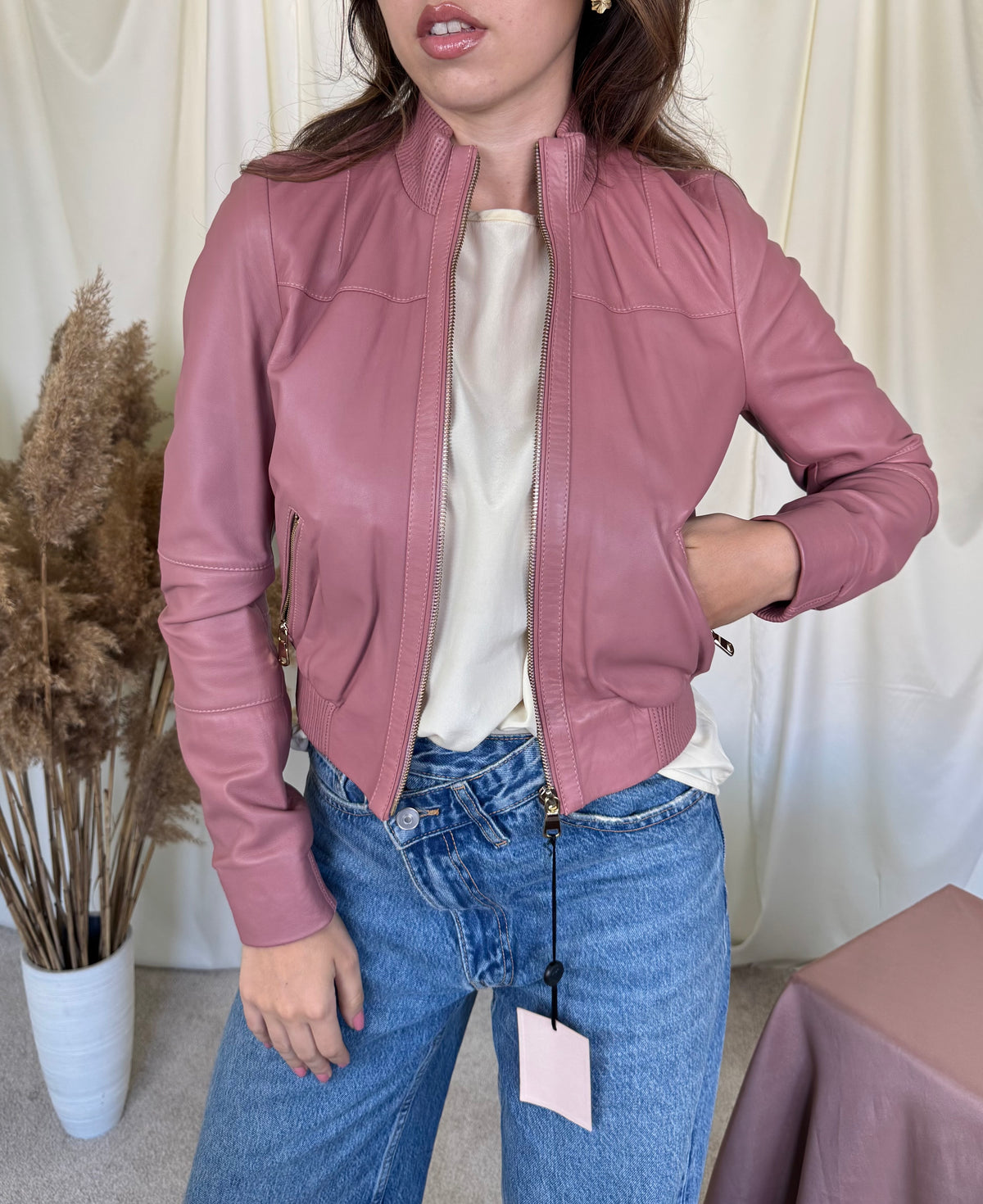 Jacheta tip bomber TWINSET din piele naturală extrem de fină, produs nou, baby pink ( mărimea xs/s)