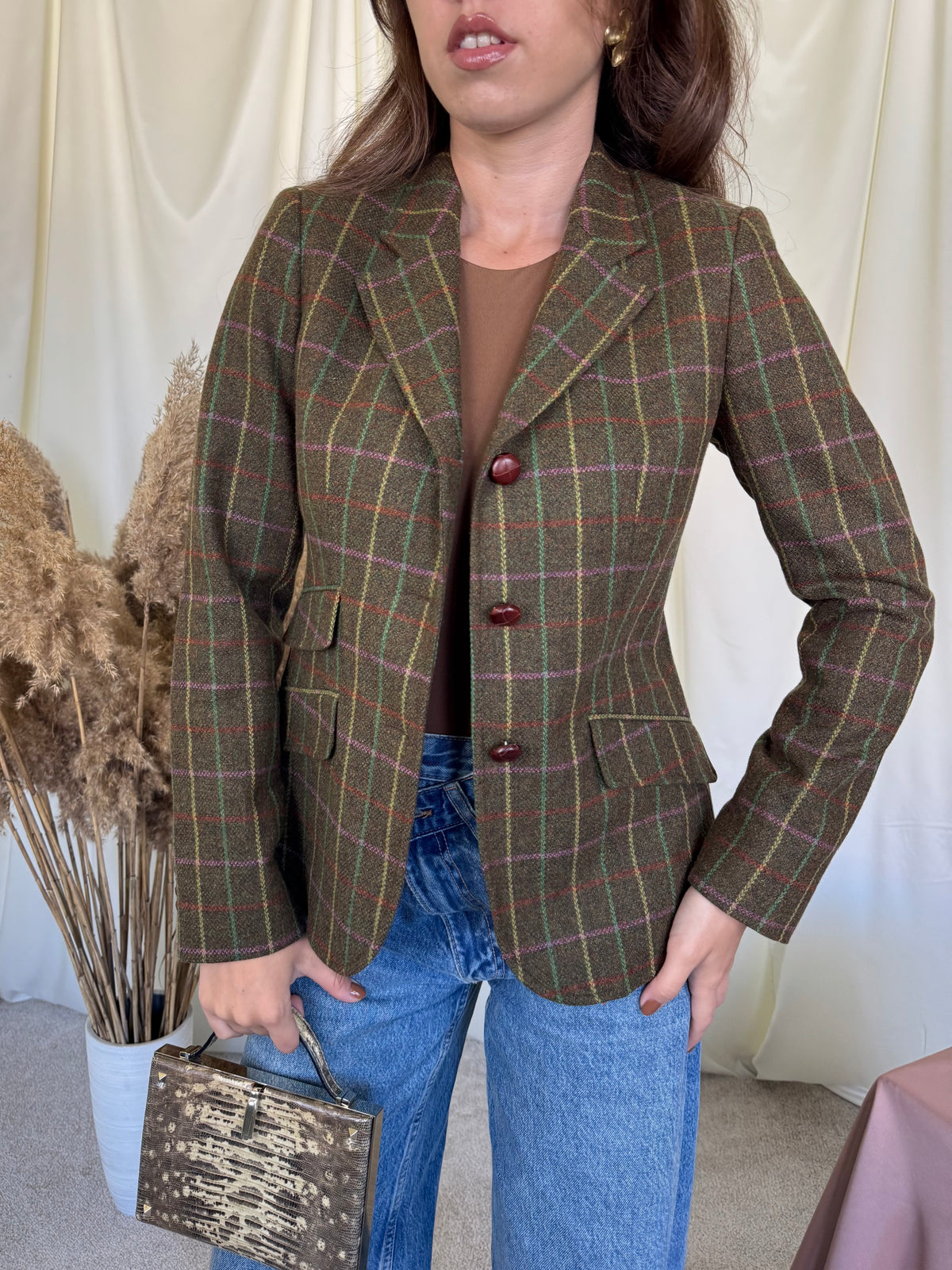 Back ! Sacou vintage din stofă cu print 100% lambswool, talie cambrata ( mărimea xs/s)