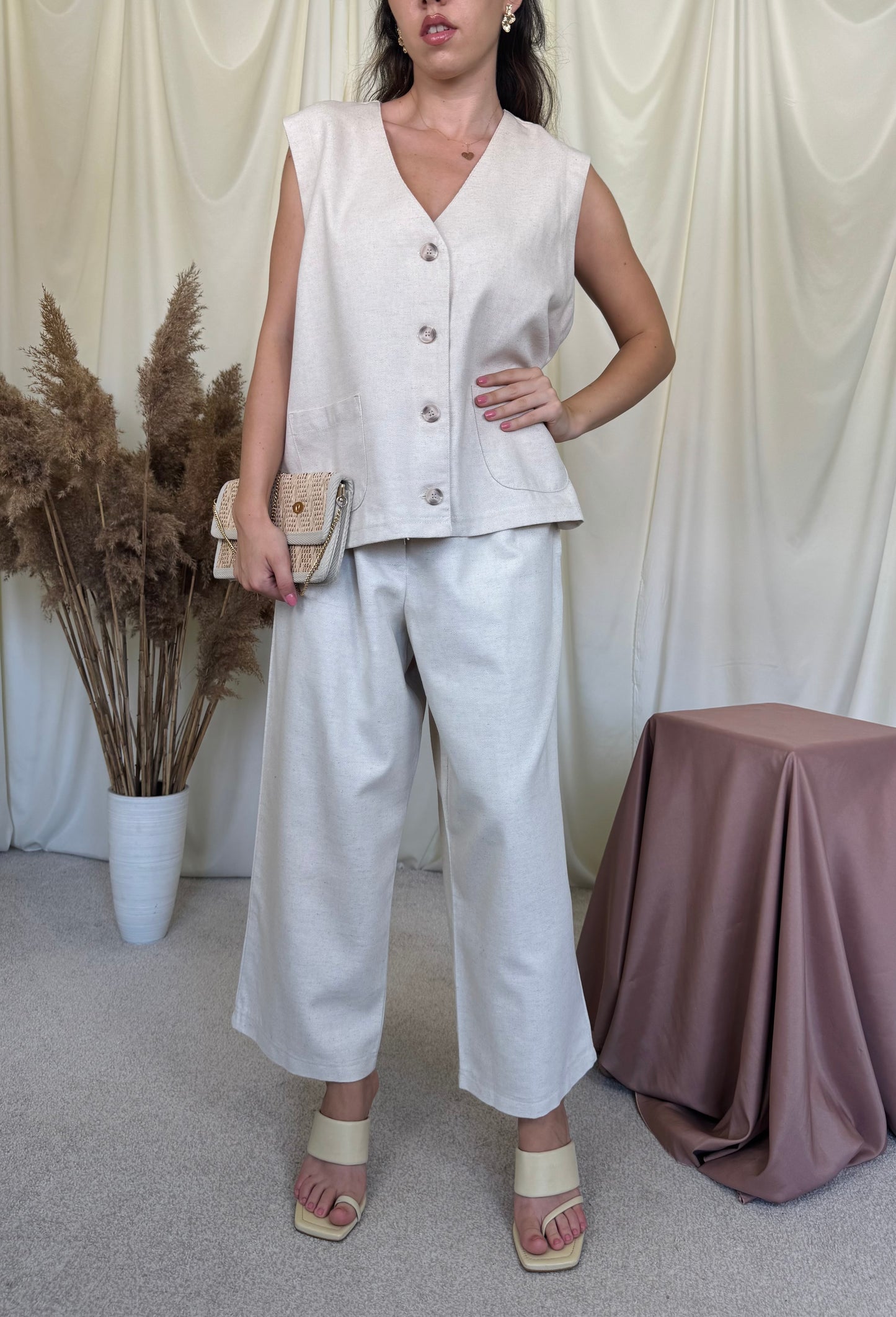 Set de vară : vestă + pantalon cu talie înaltă din vascoza și bumbac  ( mărimea L/XL ) -84 talie