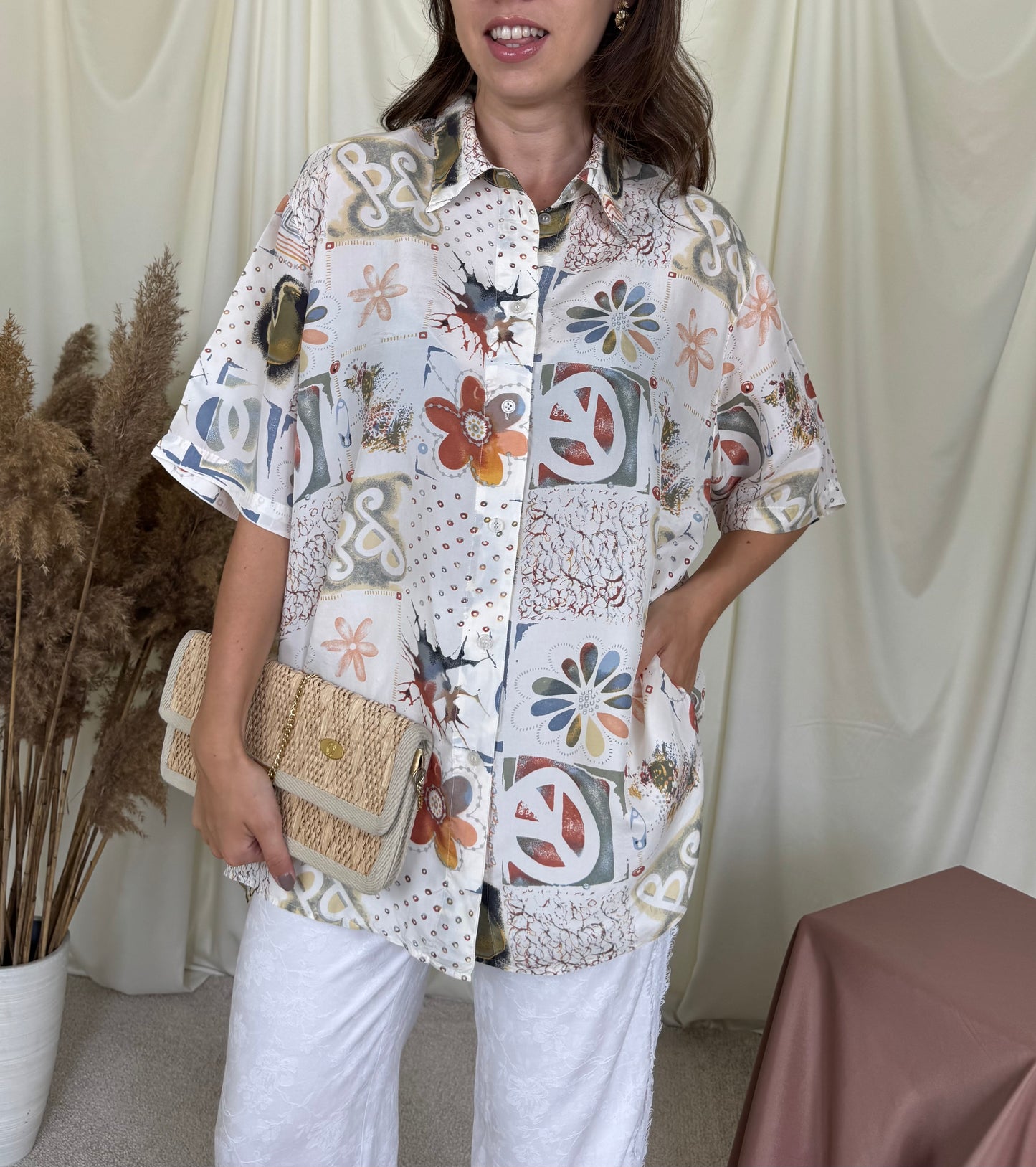 Cămașă vintage cu print din 100% mătase naturală ( mărimea XL-XXL)