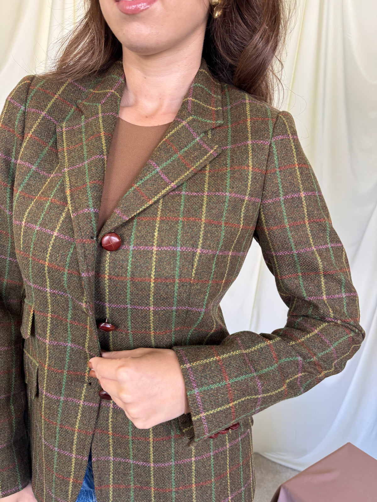 Back ! Sacou vintage din stofă cu print 100% lambswool, talie cambrata ( mărimea xs/s)