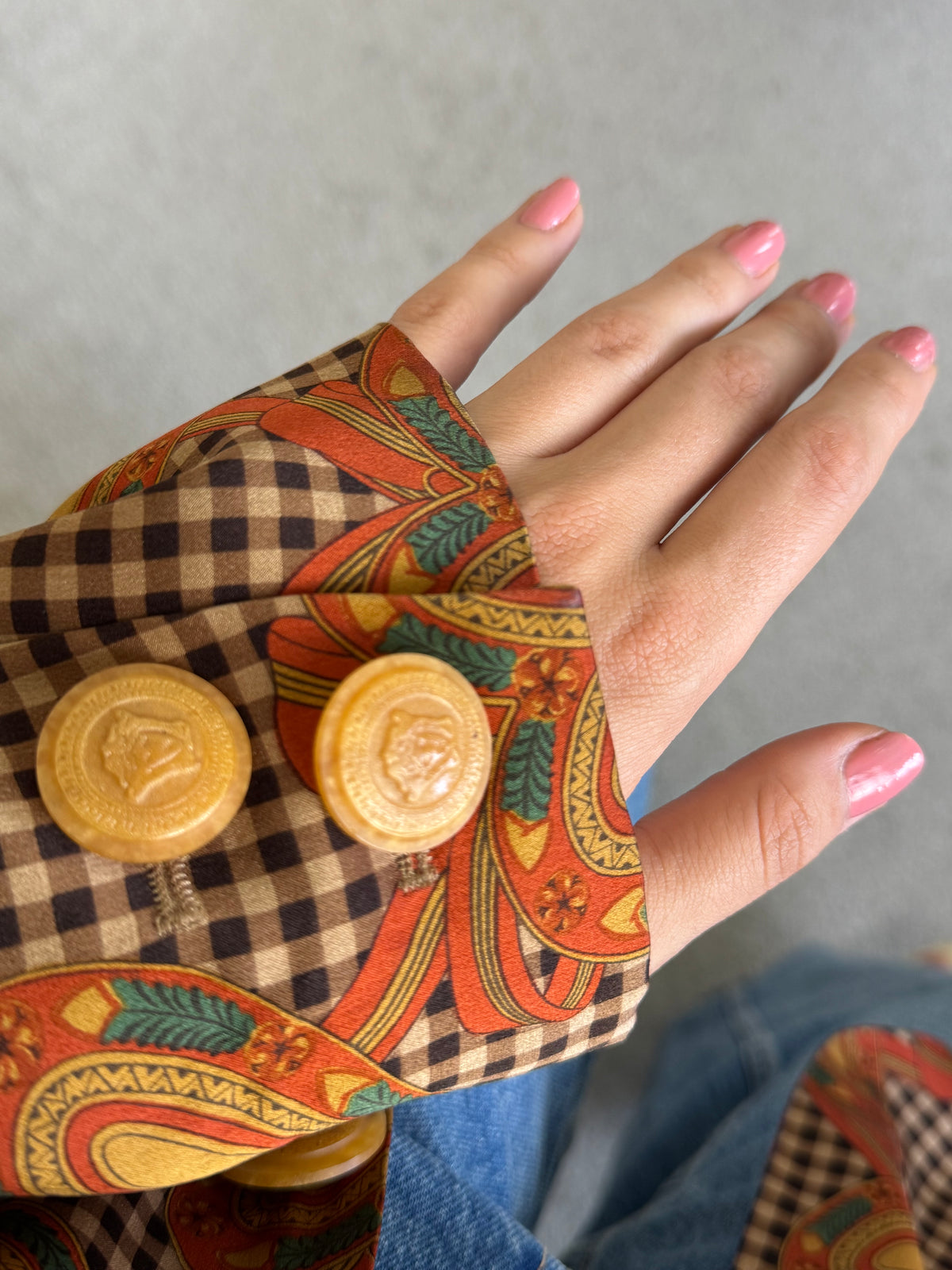 Sacou -jachetă vintage premium RENZO din 100% mătase cu print superb și nasturi masivi ( mărimea L)