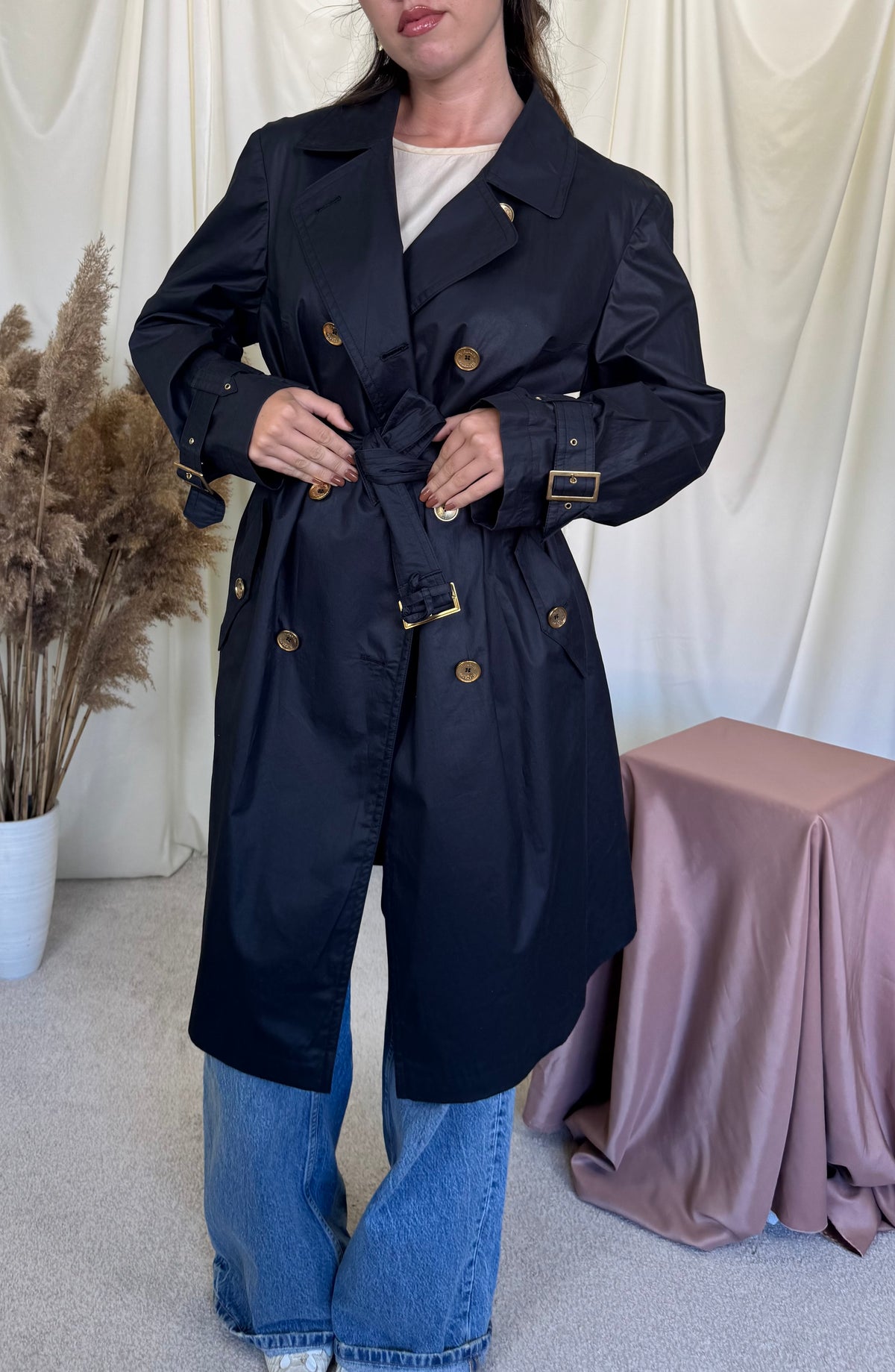 Trench vintage ELEGANCE PARIS cu nasturi inscripționați aurii, croi superb, 100% bumbac ( mărimea L)