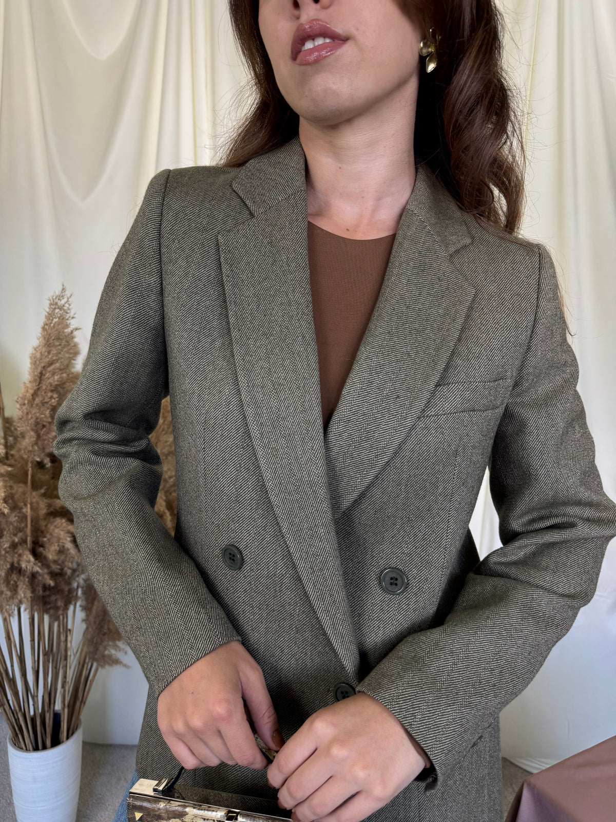Sacou vintage verde olive din 100% lână la rând dublu de nasturi ( mărimea S/M)