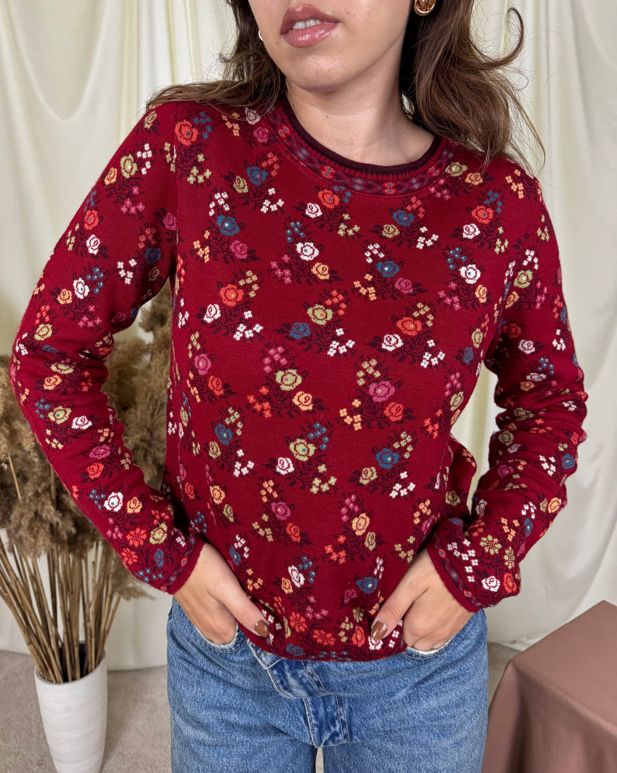 Pulover din lână moale și bumbac bio cu print floral, țesătură dublă ( mărimea S )
