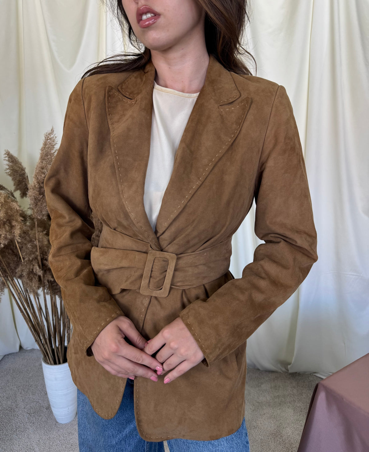Sacou tip jachetă premium MADELEINE din 100% piele naturală întoarsă cu centura masivă ( mărimea S/M)