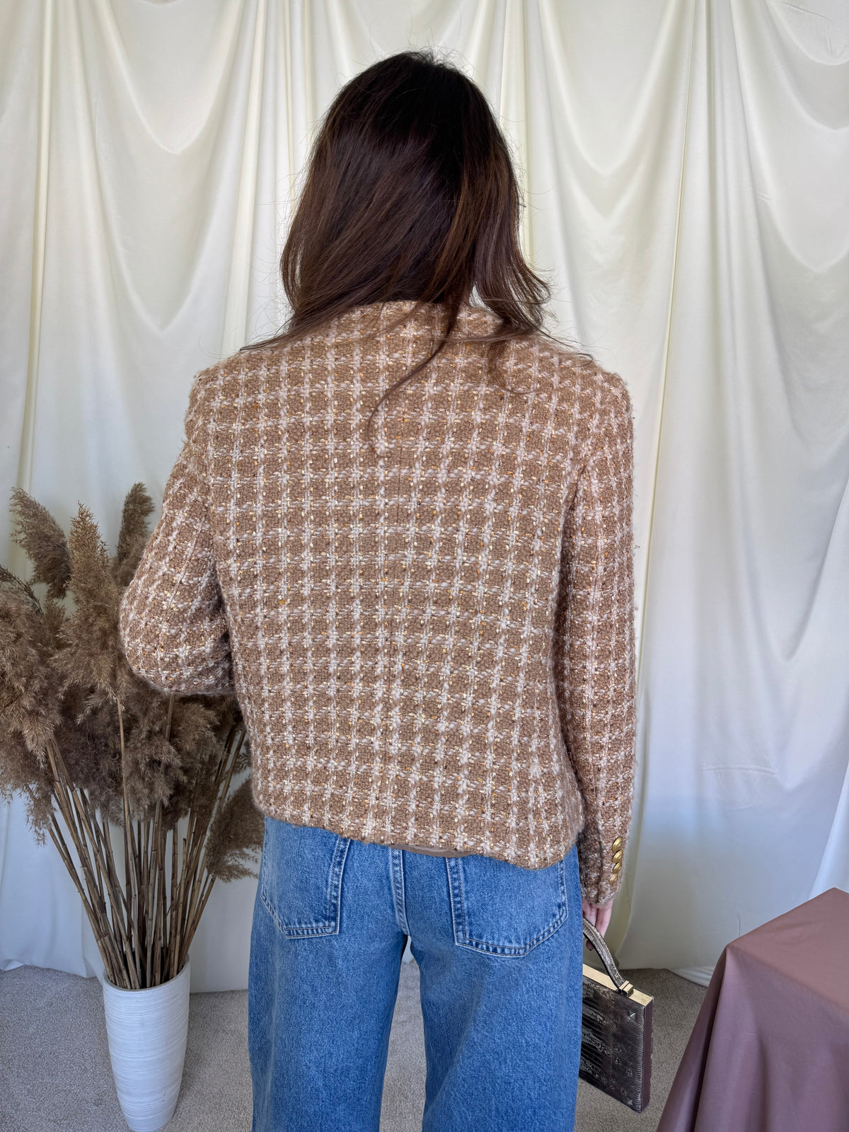 Sacou vintage tip jachetă din tweed de 76% lână, nasturi metalici tip bijuterie ( mărimea M/L)