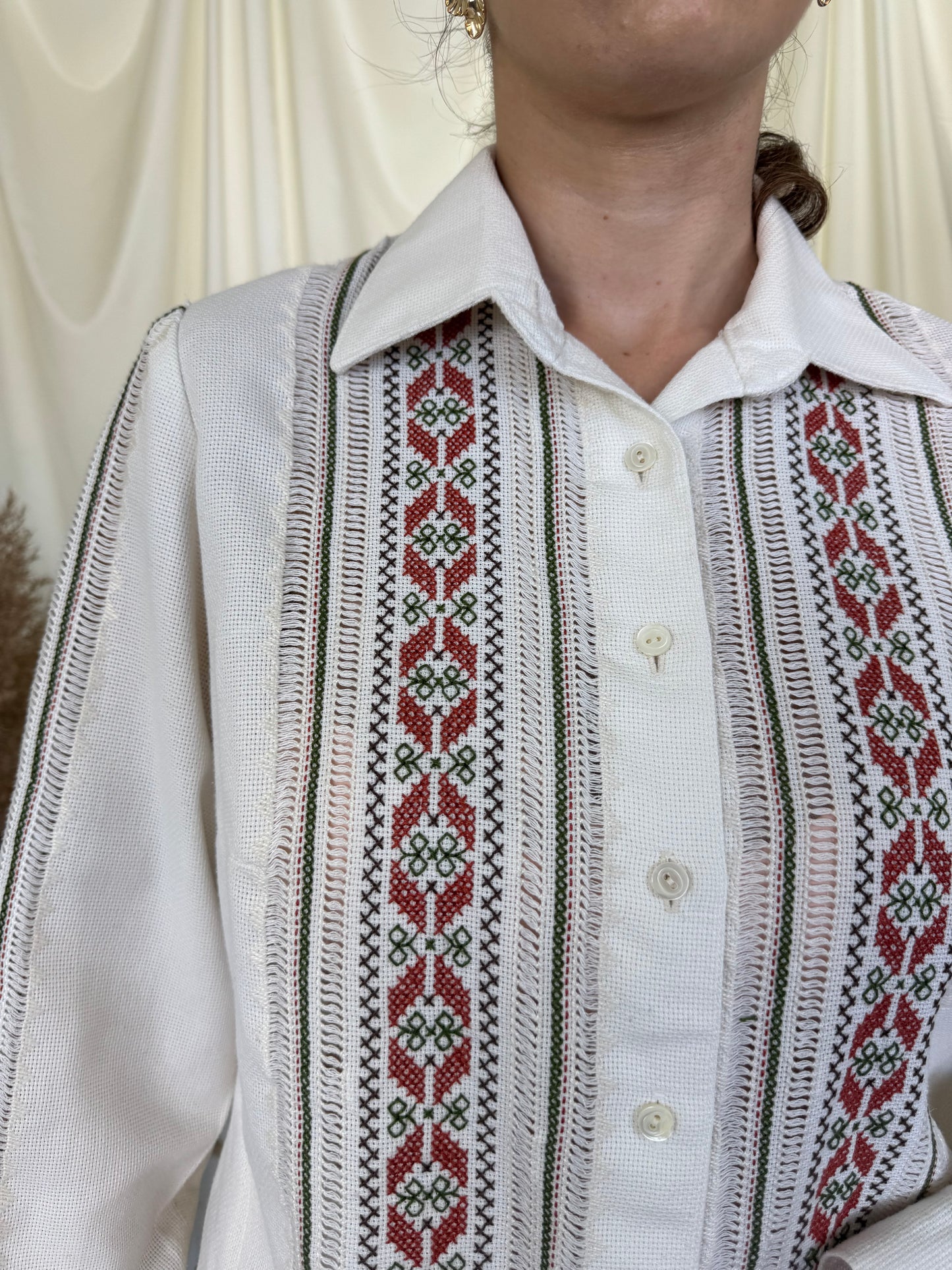 Cămașă vintage unicat din bumbac cu țesătură manuală superbă ( mărimea M)