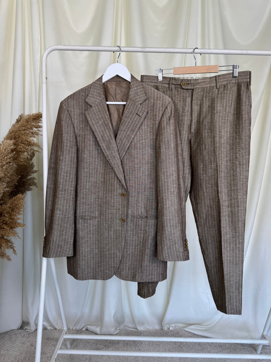 Costum luxury PAL ZILERI din in și lână subțire, print cu dungi fine roz (Mărimea L-XL)