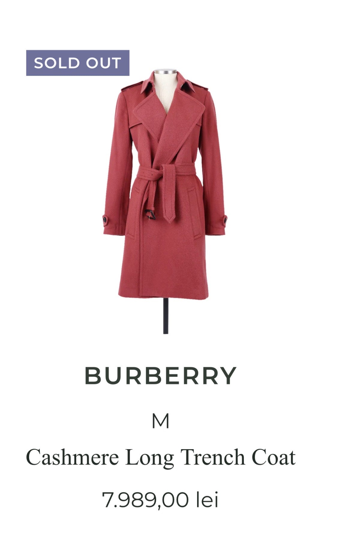 Trench BURBERRY din 100% cașmir cu cordon în talie( mărimea XS)