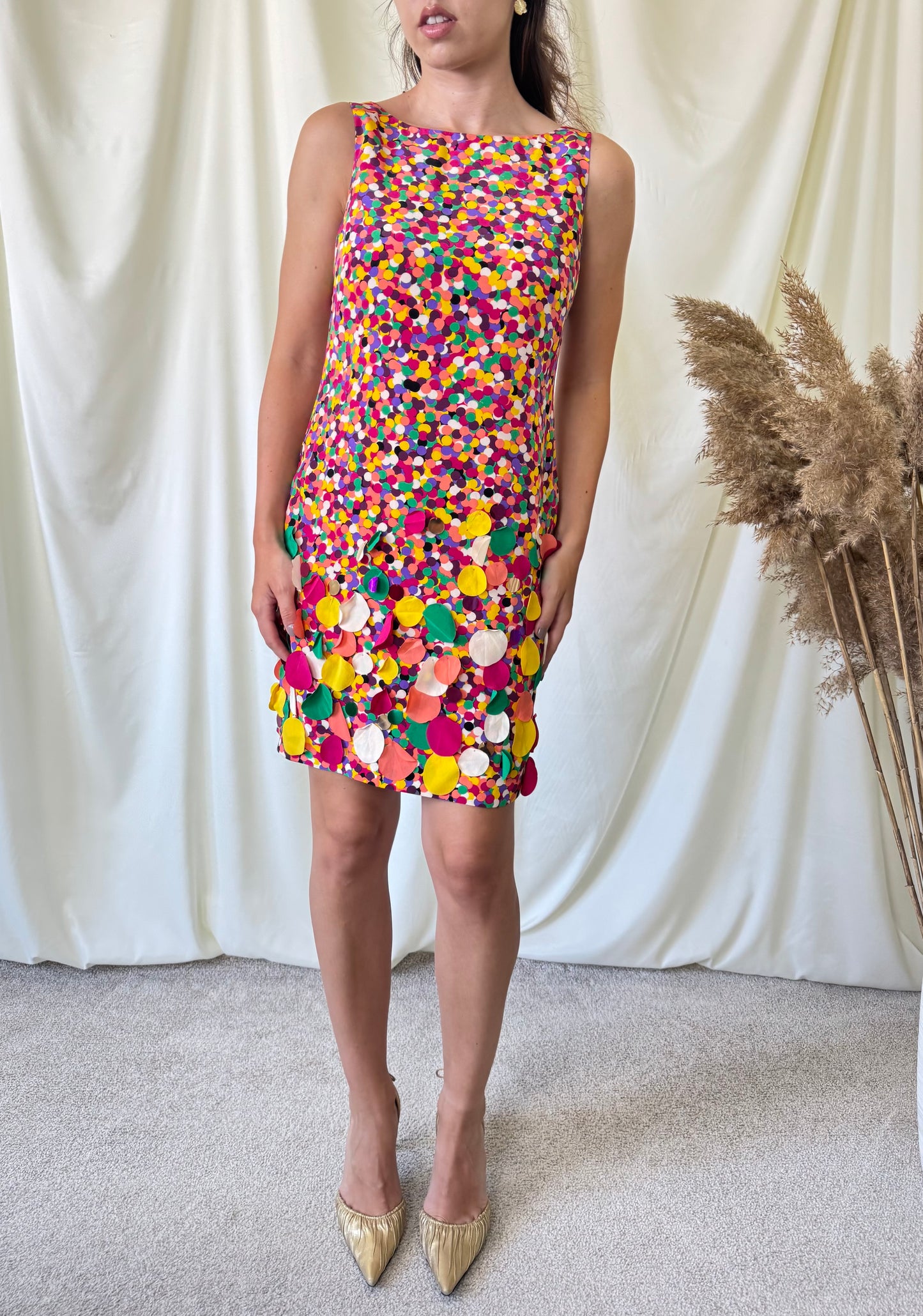 Rochie din 100% mătase naturală viu colorată cu imprimeu vibrant si aplicații 3D (mărimea S - S/M micut)