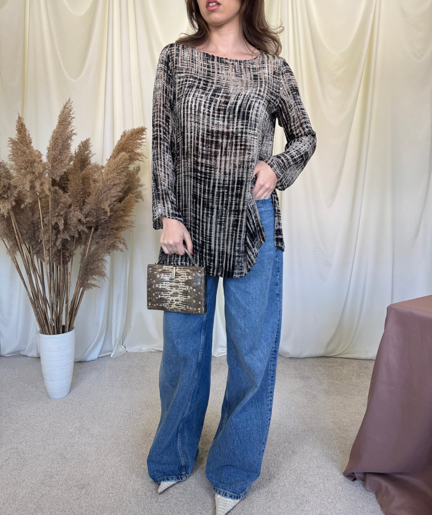 Bluza-tunică MAX MARA din vâscoză și mătase naturala cu detalii din catifea (Mărimea M)
