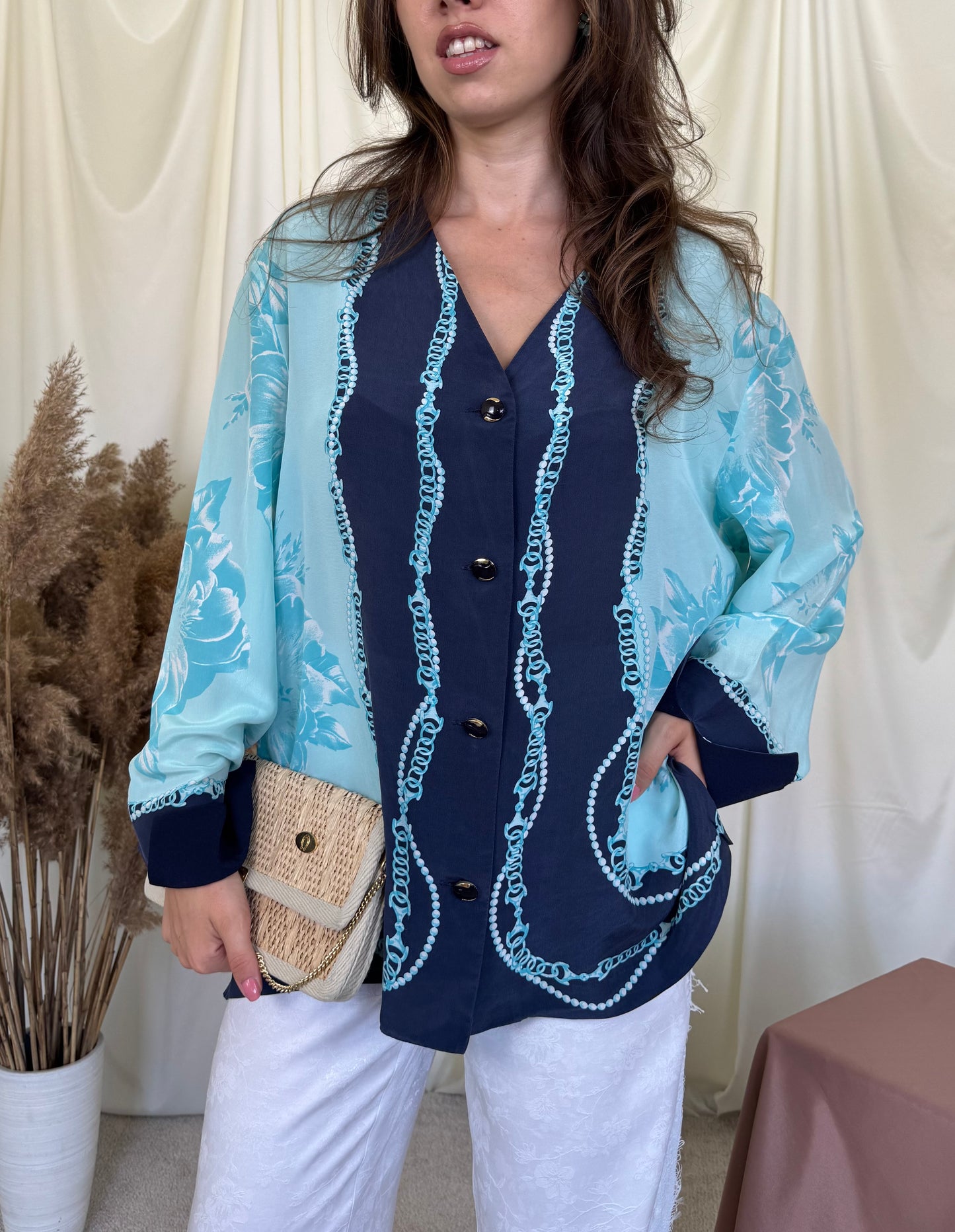 Cămașă vintage cu print din 100% mătase naturala, brand italienesc ( mărimea XL-XXL)