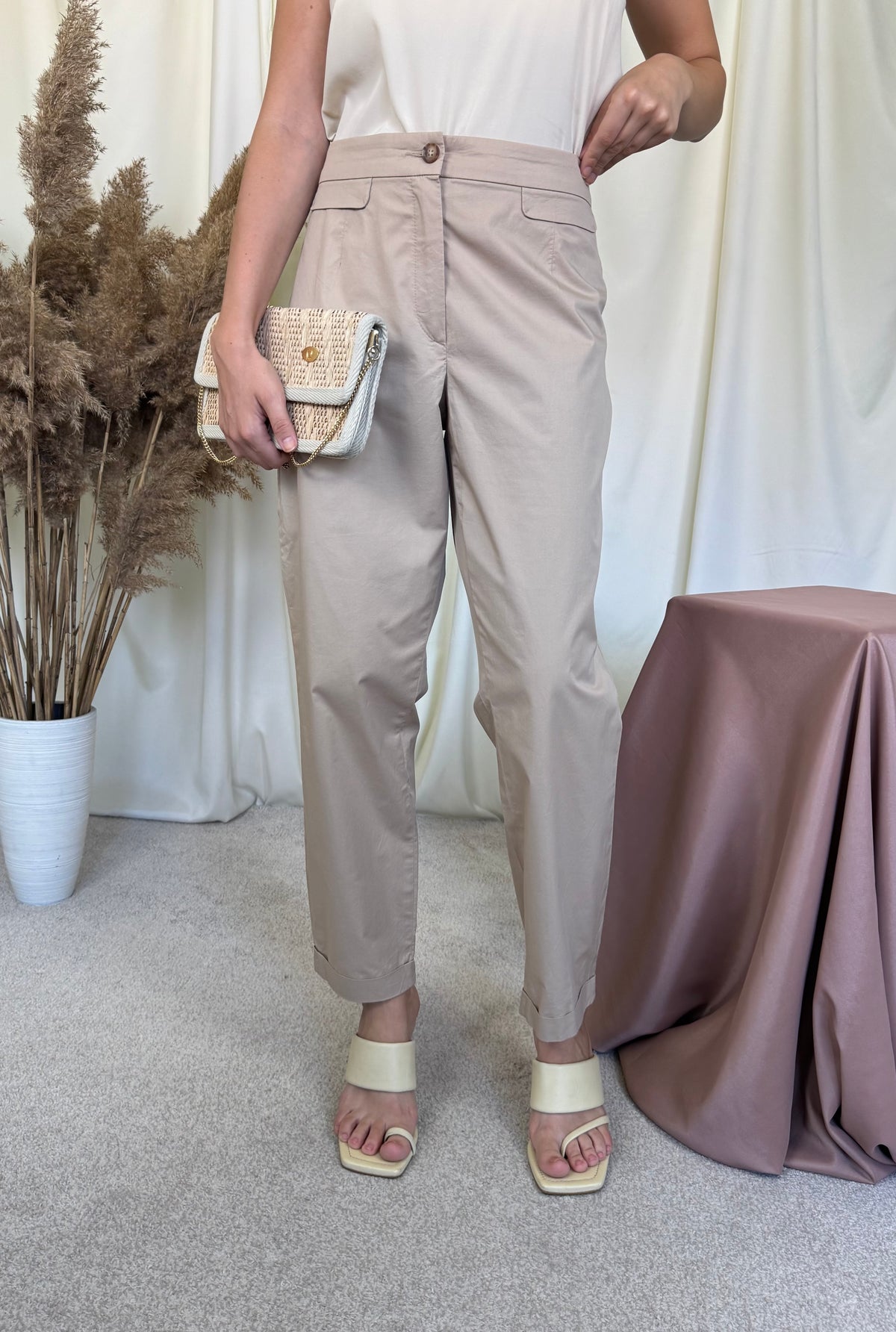 Pantaloni premium Rianni din bumbac, camel nude, talie elastică ( mărimea L/XL)