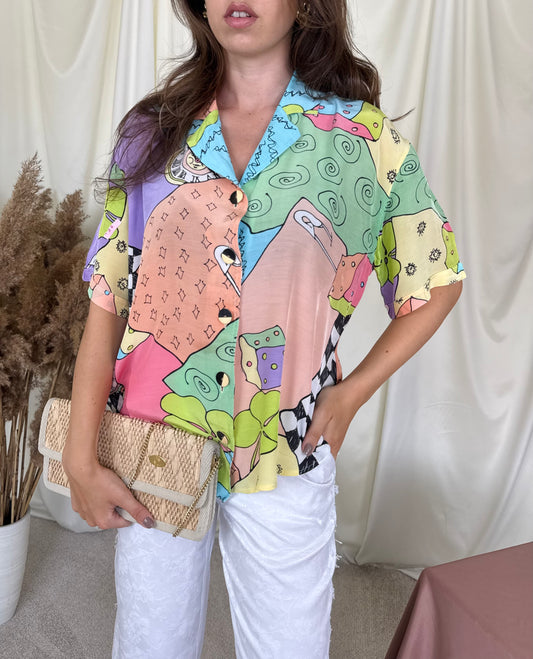 Cămașă vintage multicoloră cu print ( mărimea M/L)