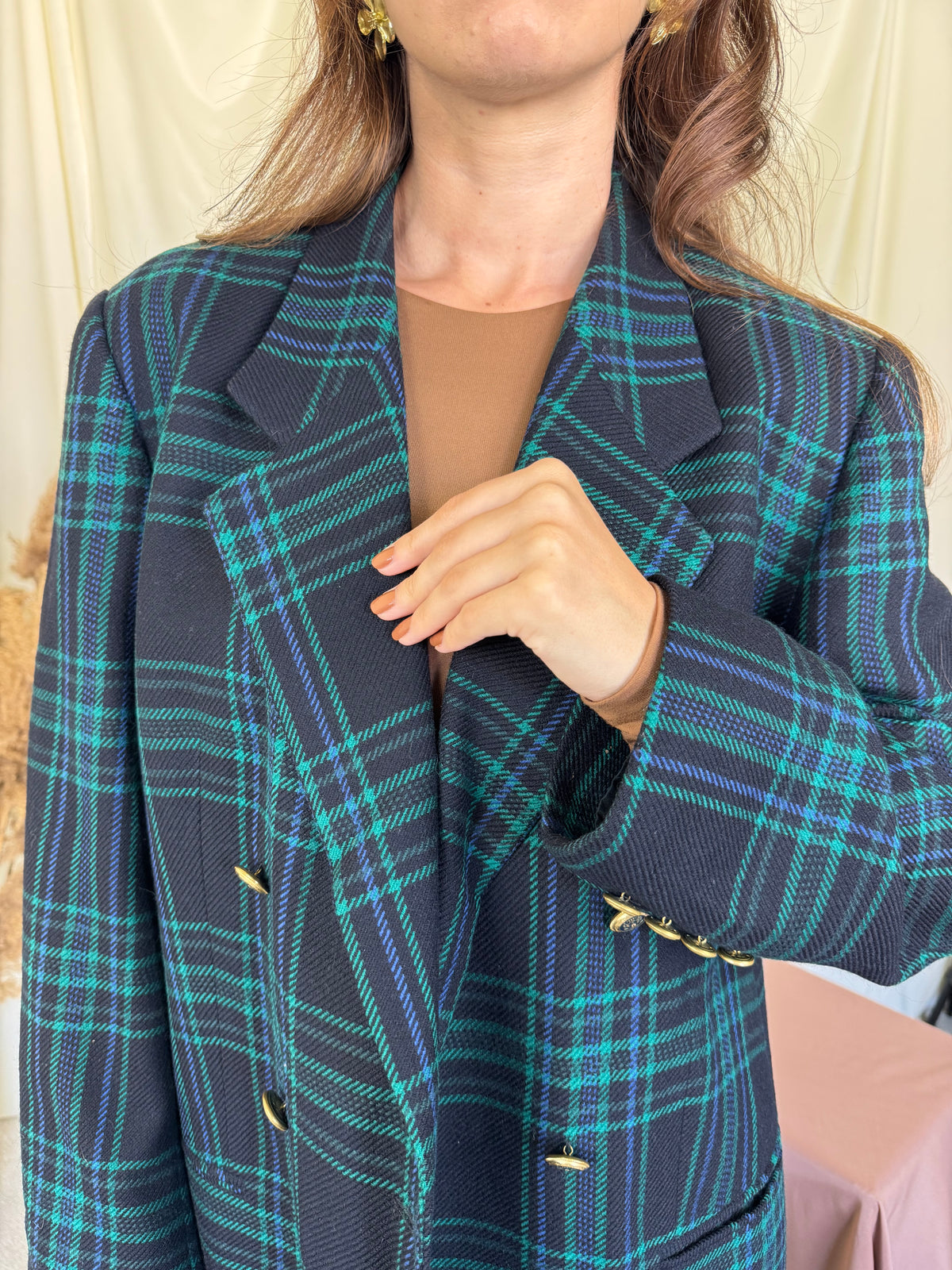 Sacou vintage DELMOD din stofă premium 100% lana cu print tartan și nasturi bijuterie ( mărimea L/XL)