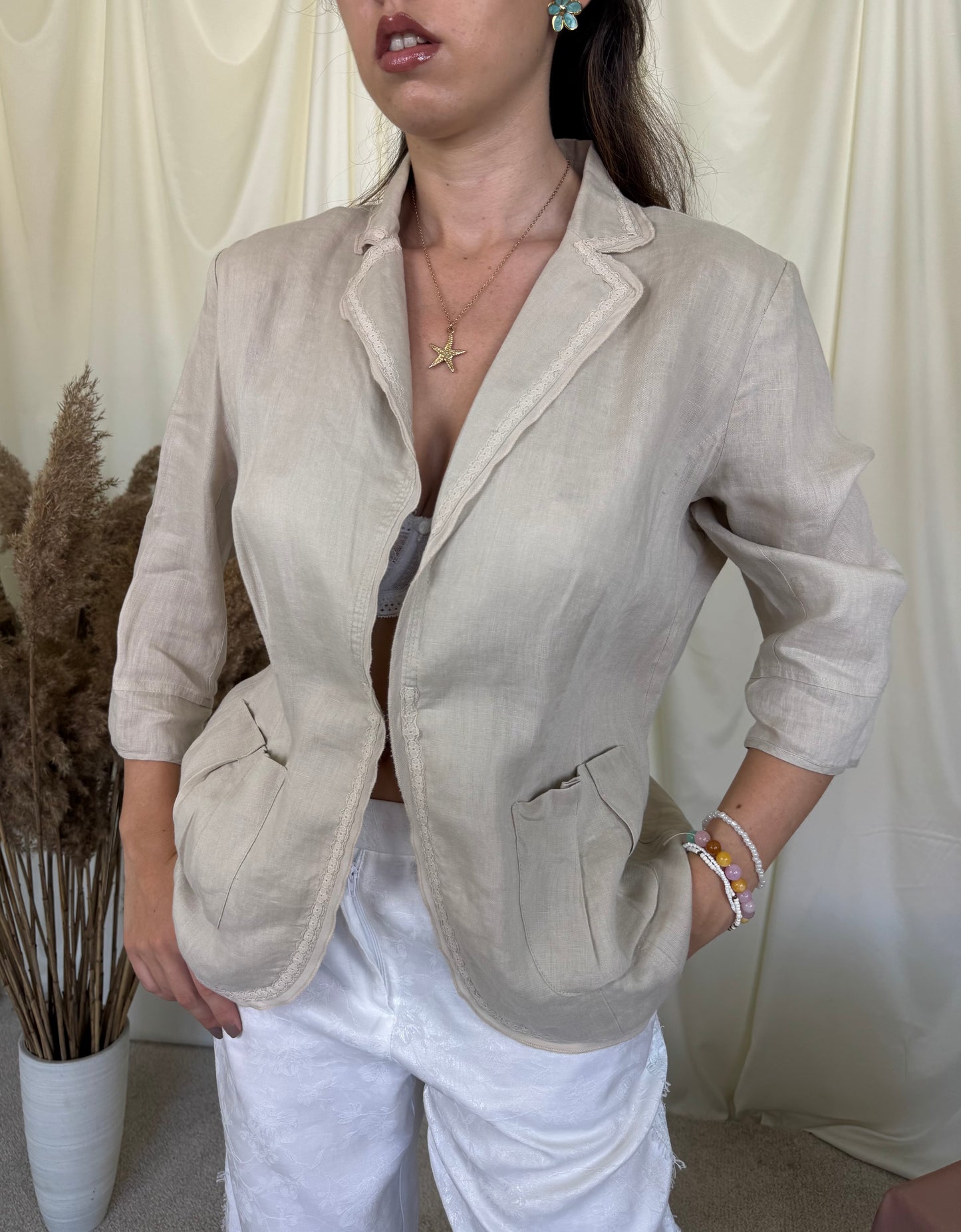 Sacou de vară din in cu broderie, nude beige( mărimea L)