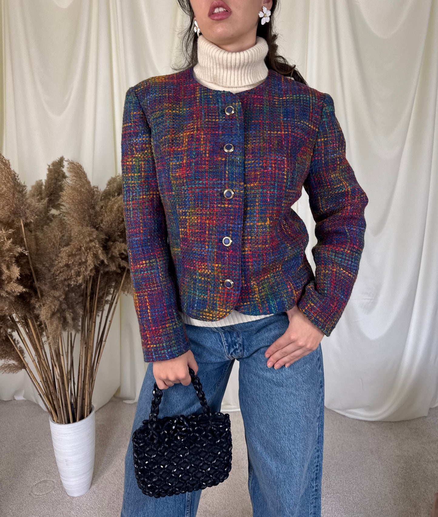 Jacheta vintage din tweed, nasturi tip bijuterie