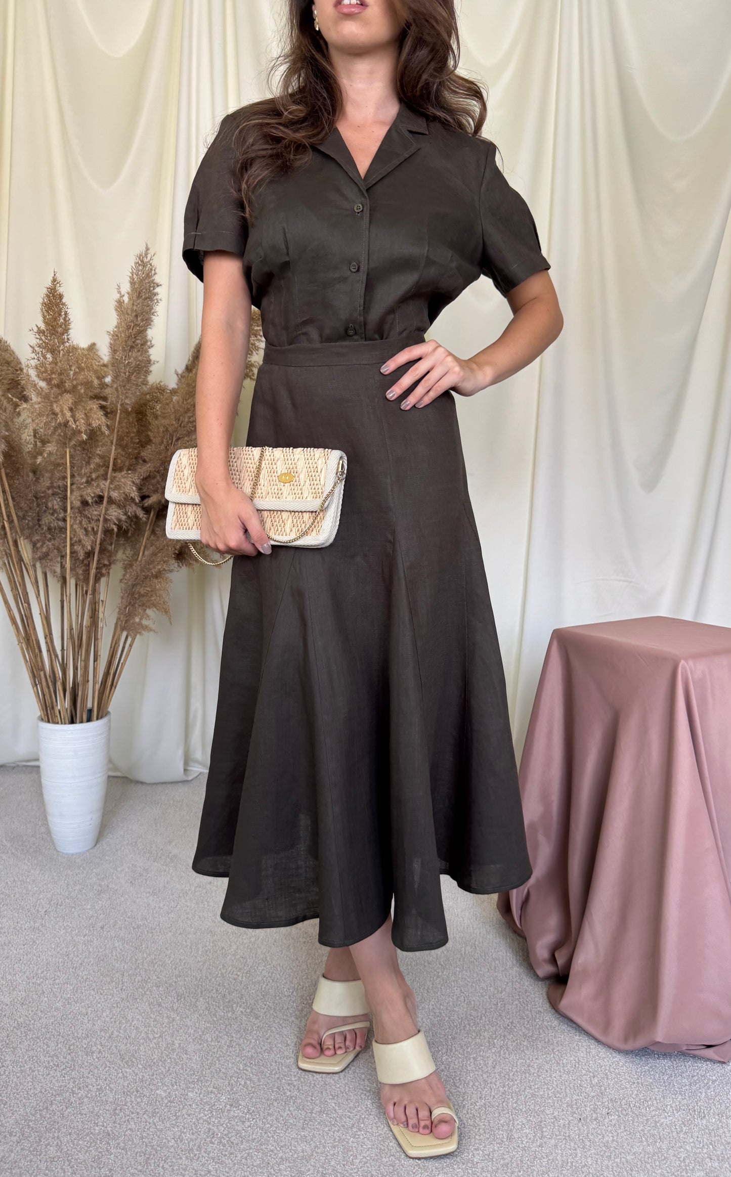 Set premium Madeleine din 100% in, cămașă + fusta amplă cu talie înaltă ( mărimea L/XL) -90 cm talie
