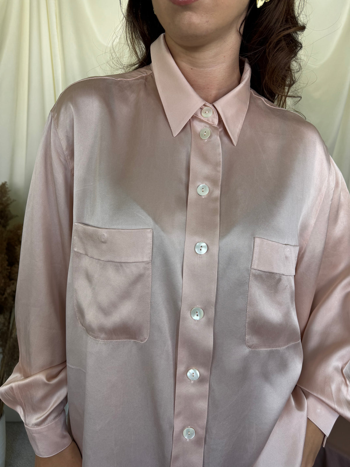Cămașă vintage BASLER din 100% mătase naturala, baby pink ( mărimea XL)