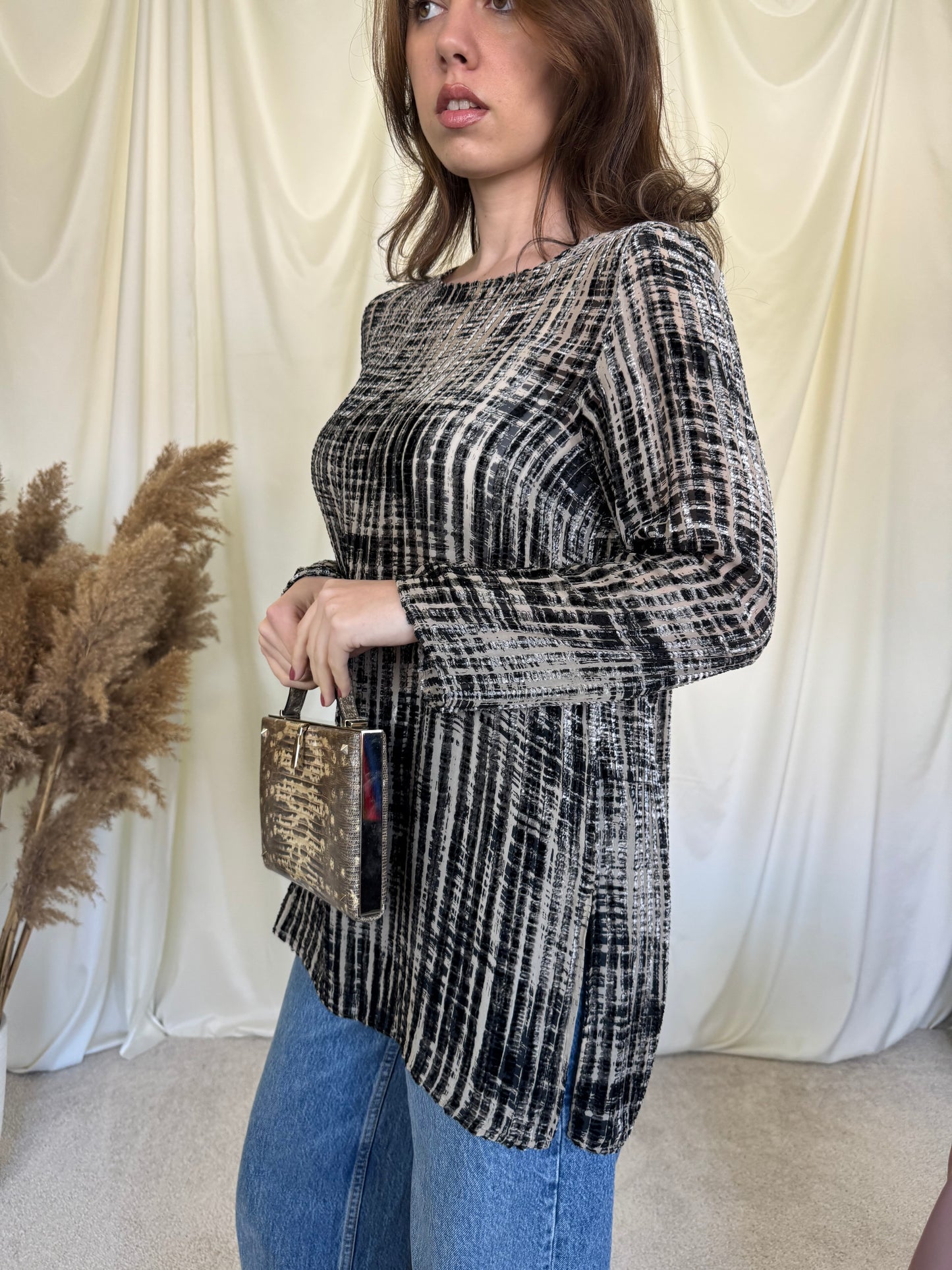 Bluza-tunică MAX MARA din vâscoză și mătase naturala cu detalii din catifea (Mărimea M)