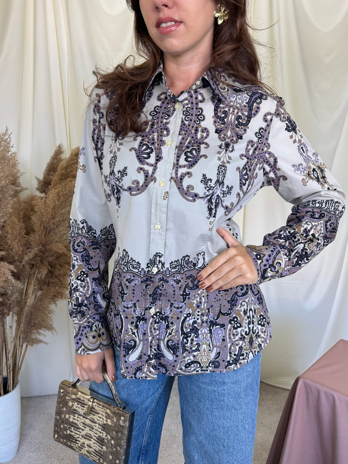 Cămașă luxury ETRO din bumbac cu nasturi inscripționați și print specific brandului ( mărimea M/L)