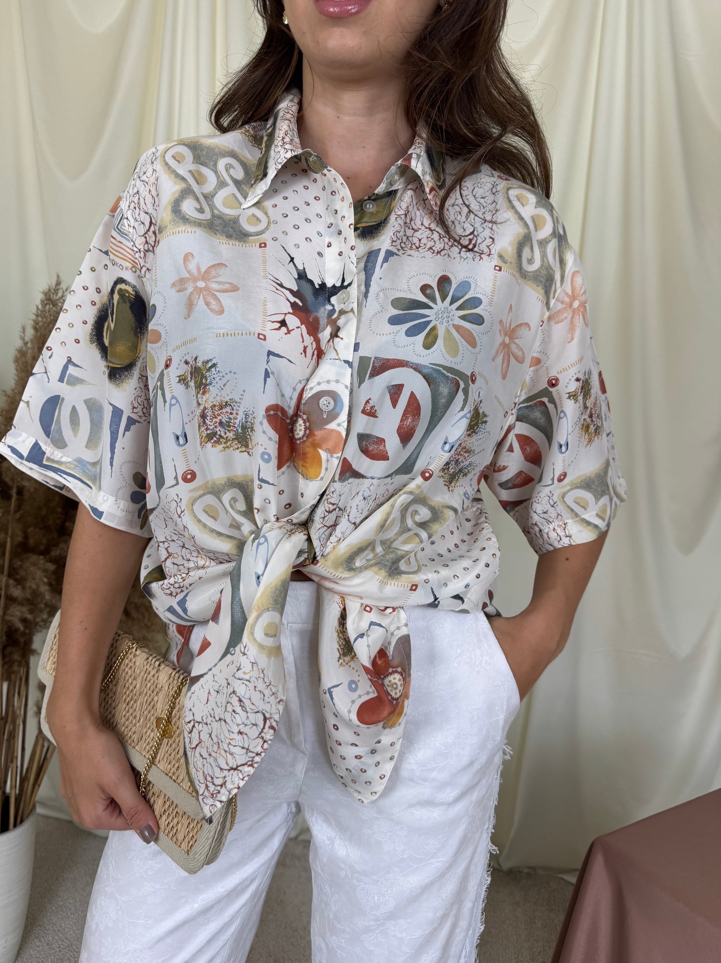 Cămașă vintage cu print din 100% mătase naturală ( mărimea XL-XXL)