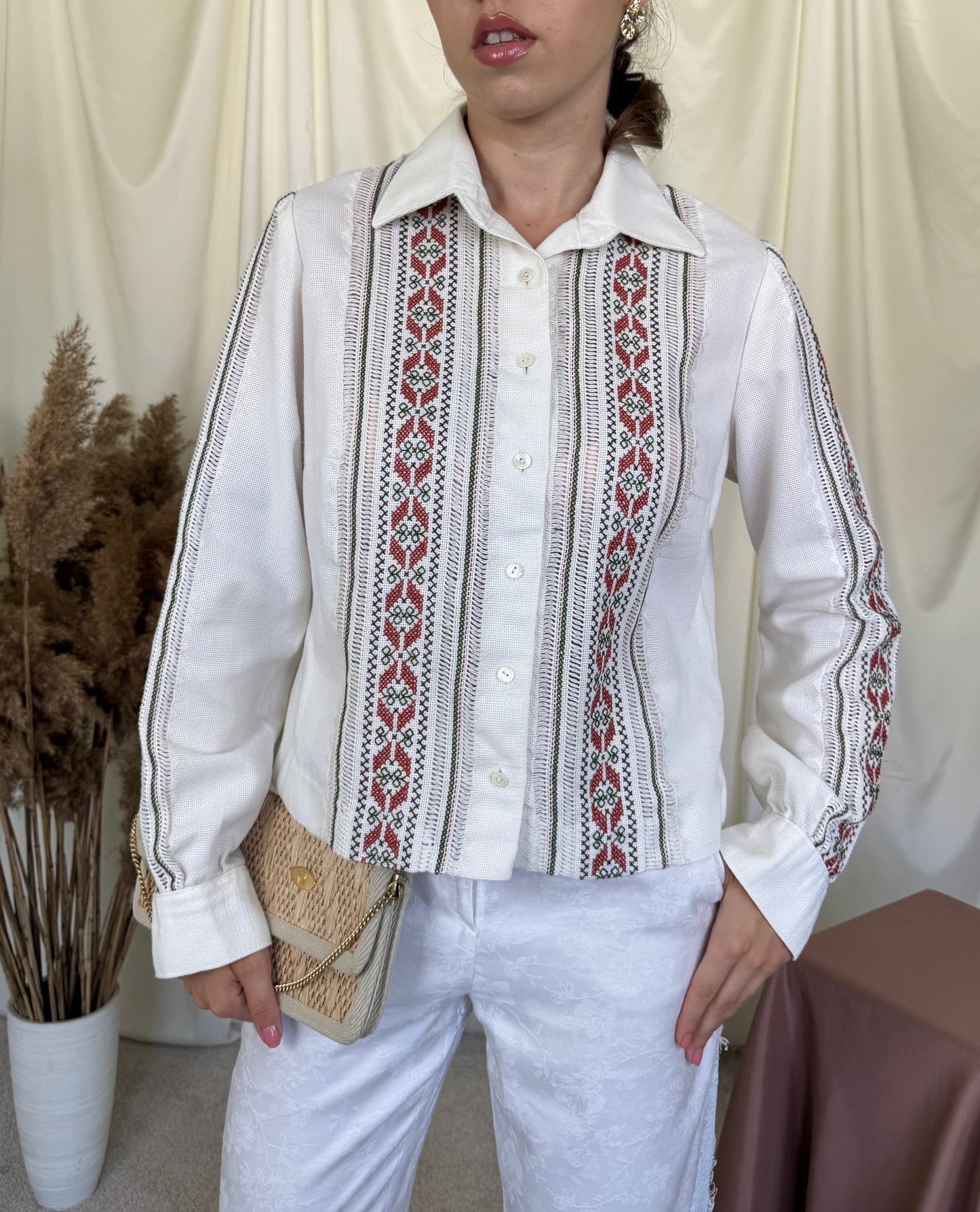 Cămașă vintage unicat din bumbac cu țesătură manuală superbă ( mărimea M)