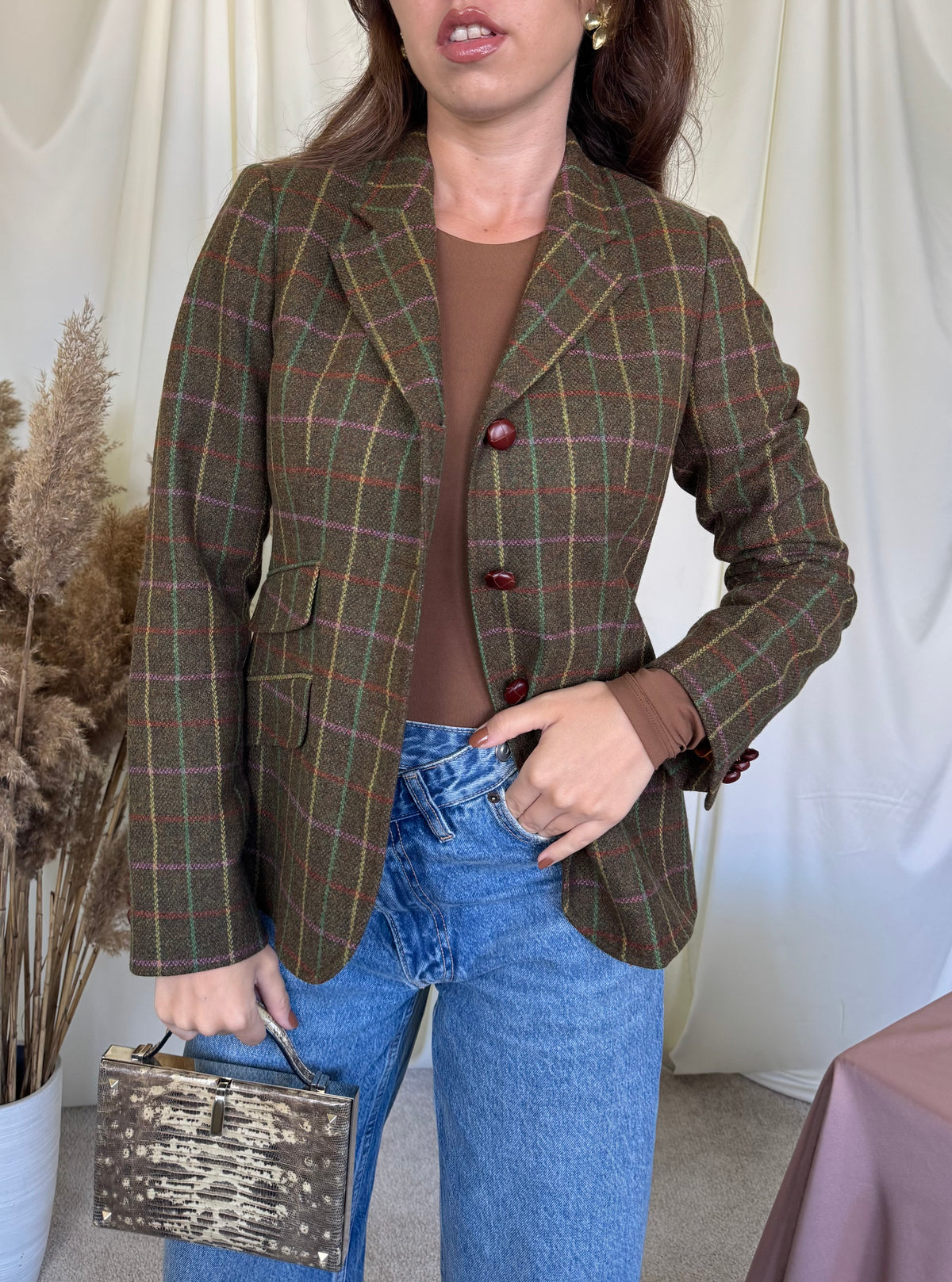 Back ! Sacou vintage din stofă cu print 100% lambswool, talie cambrata ( mărimea xs/s)
