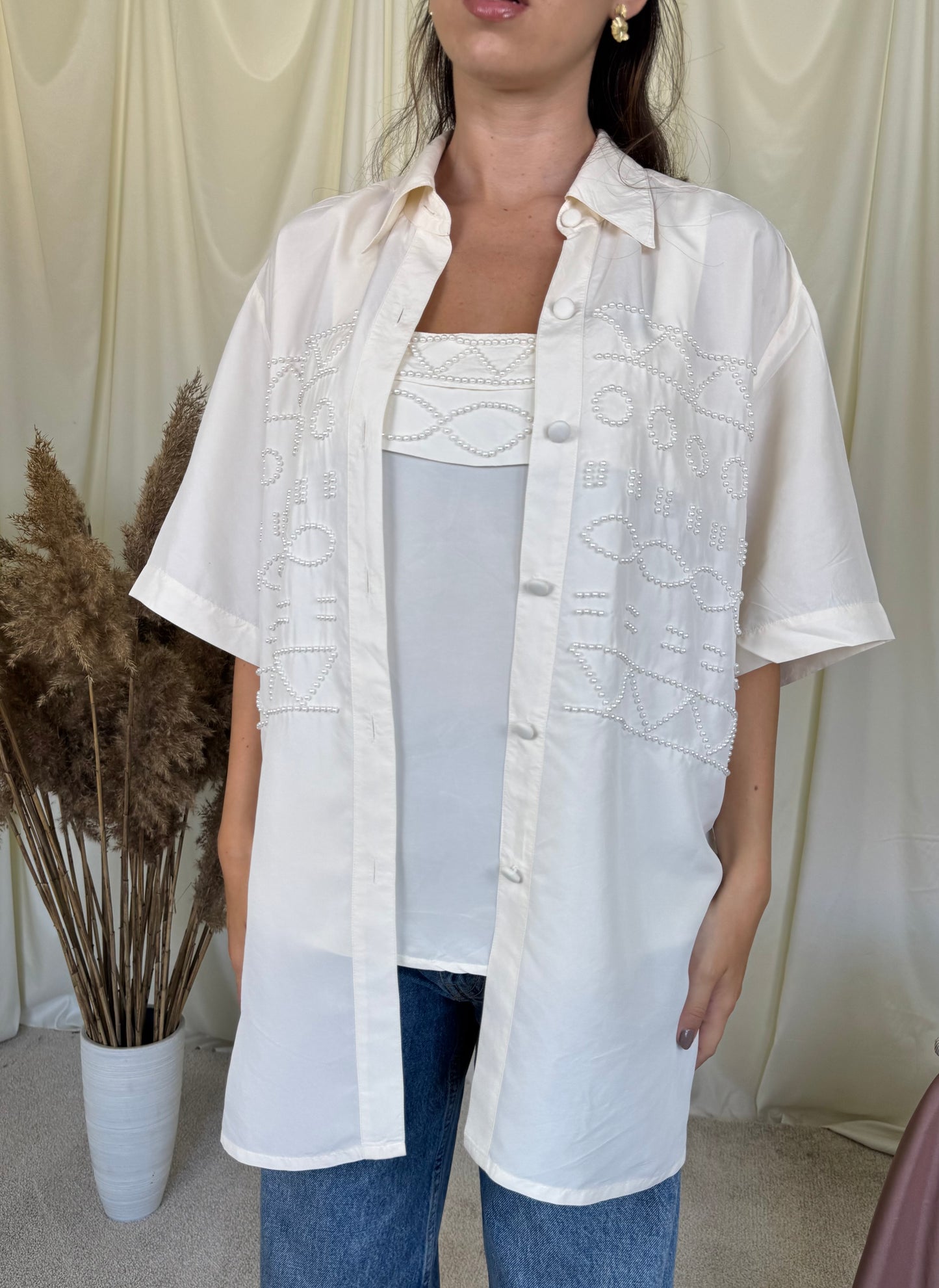 Set premium MADELEINE din mătase naturală, top + cămașă cu aplicații tip perla 
(Mărimea M/L)
