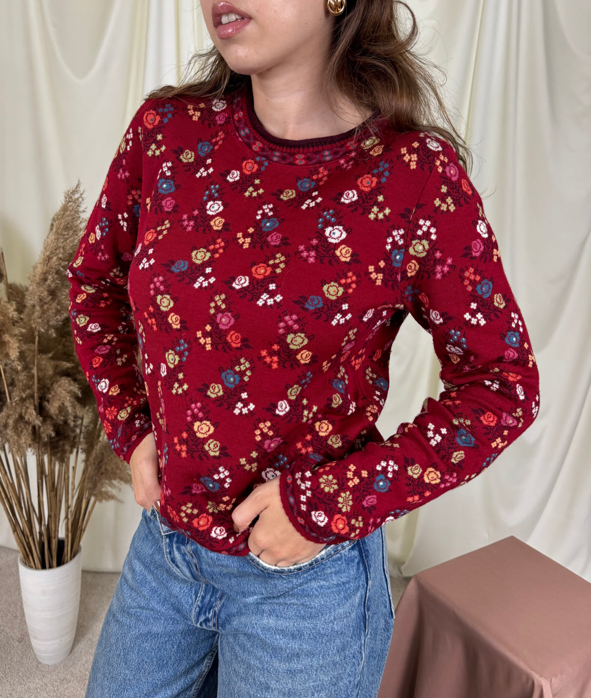Pulover din lână moale și bumbac bio cu print floral, țesătură dublă ( mărimea S )