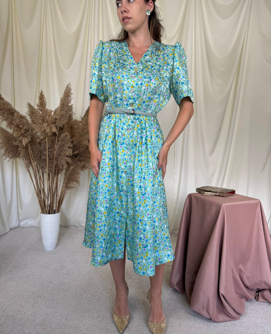 Rochie vintage din 100% matase naturala cu print floral și talie marcata 
(Mărimea L)