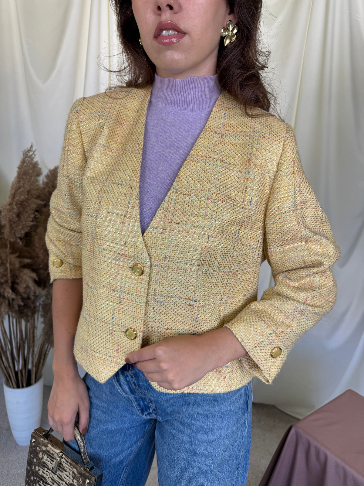 Sacou premium DELMOD în stil chanel din vascoza, bumbac și in cu nasturi bijuterie și mâneci 3/4 ( mărimea M/L)