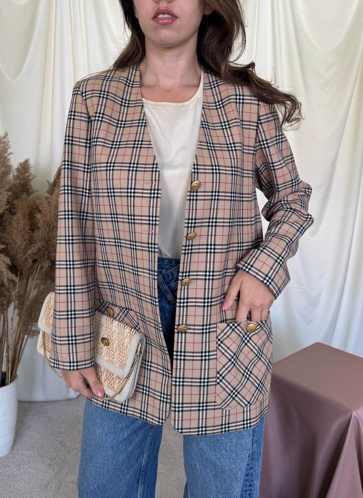 Sacou vintage cu print din 100% lână, nasturi metalici aurii ( mărimea M/40)