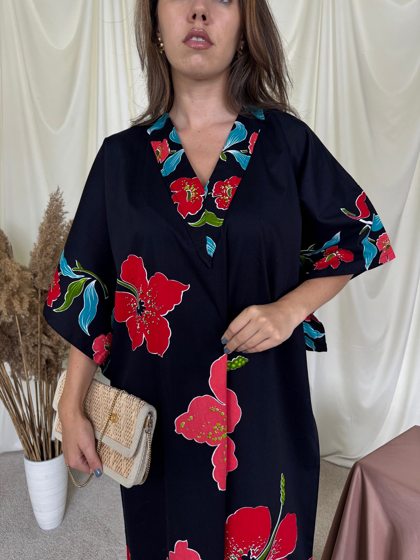 Rochie tip kaftan din bumbac cu print floral din 100% bumbac ( mărimea XL)
