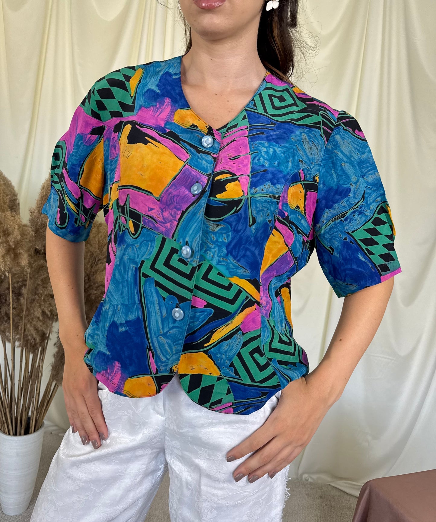 Cămașă vintage din mătase naturală cu print (Mărimea M/L)