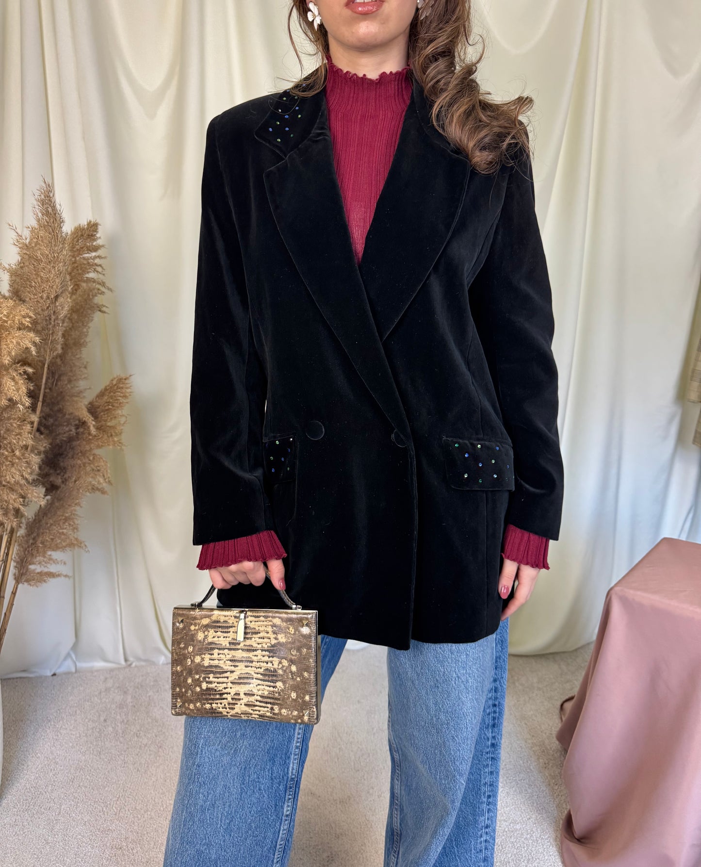 Sacou vintage din catifea neagră de bumbac, mărimea M/L