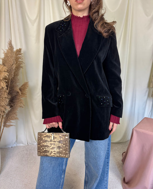 Sacou vintage din catifea neagră de bumbac, mărimea M/L