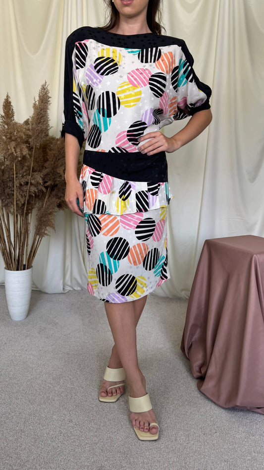 Rochie vintage din 100% mătase naturală cu print, umeri marcați ( mărimea S-M)